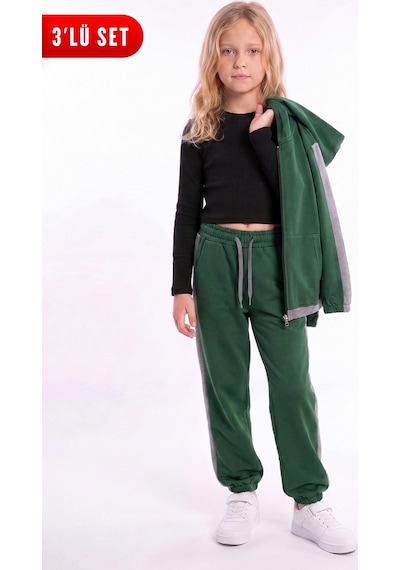 Fyk Kids Kız Çocuk Fitilli Crop Ve Şerit Detaylı Eşofman Takımı Seti Haki