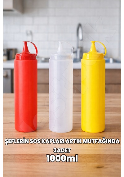 Destpak 1000 Ml 3 Adet Sos Yağ Şişesi - Sos Kabı - Şeflerin Yağ Kabı - Profesyonel Yağdanlık Sosluk Çok Renkli