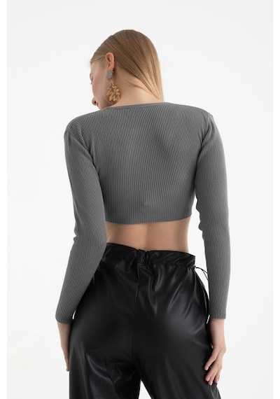 Hiccup Yuvarlak Yakalı Fitilli Örme Uzun Kollu Crop Top Koyu Gri