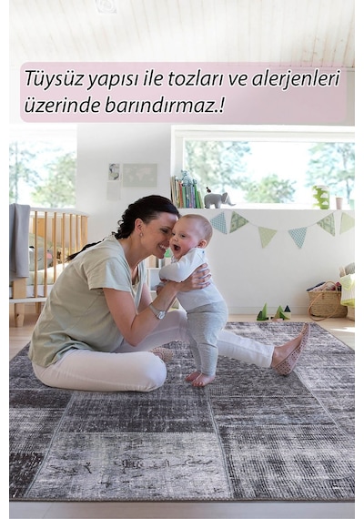 Artloop Jazz Patchwork Desenli Dokuma Taban Dekoratif Siyah Halı Al 81