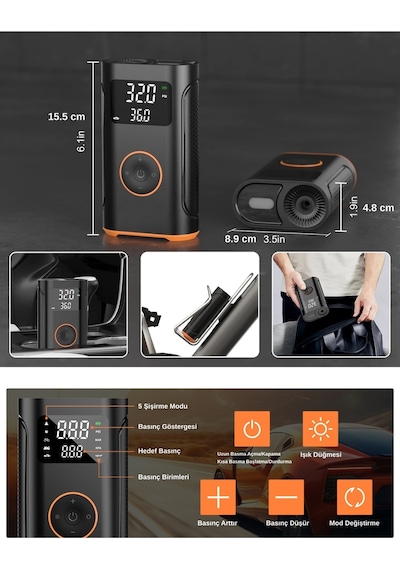 Taşınabilir Şarjlı Araç Oto Lastik Şişirme Pompası Kompresör 160 Psı Powerbank Işıklı Ys02p