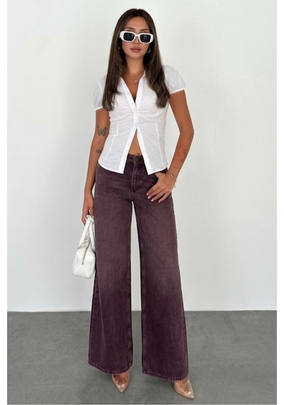 HLT Jeans Açık Bordo Kadın Wide Leg Jean %100 Pamuklu Yüksek Bel Palazzo Kot Pantolon Angel-2056