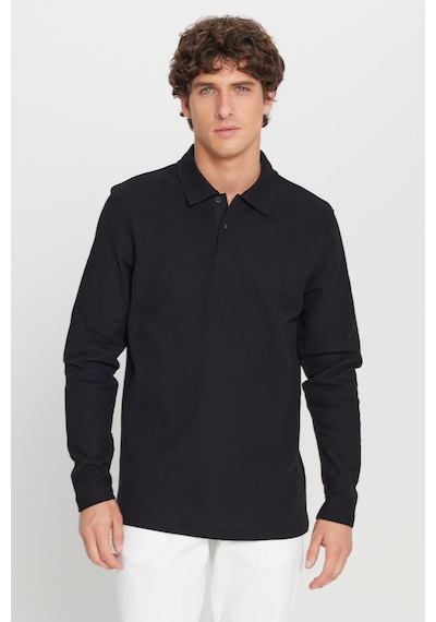 AC&Co / Altınyıldız Classics Erkek Sıyah %100 Pamuk Slim Fit Dar Kesim Polo Yaka Jakarlı Triko Tişört SIYAH