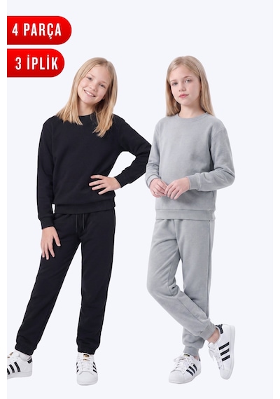 Fyk Kids 3 İplik Düz Kız Çocuk Çift Cepli Bisiklet Yaka 2'li Eşofman Takımı Siyah-gri
