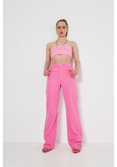 Kutaf Pembe Yuksek Bel Likrasız Palazzo Jean Pembe