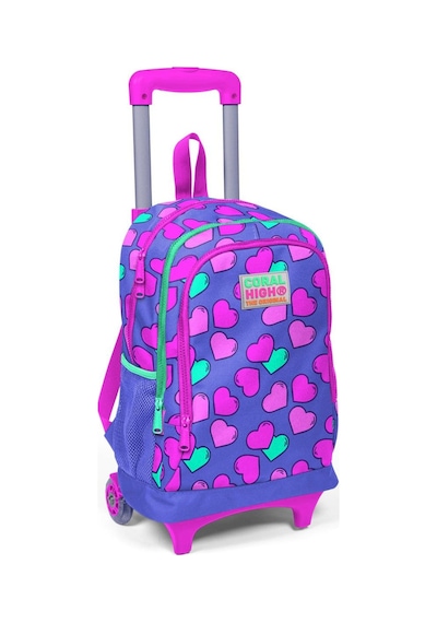 Coral High Kids Lavanta Pembe Kalp Desenli Işıklı Tekerlekli Üç Bölmeli Çekçekli Sırt Çantası 23359