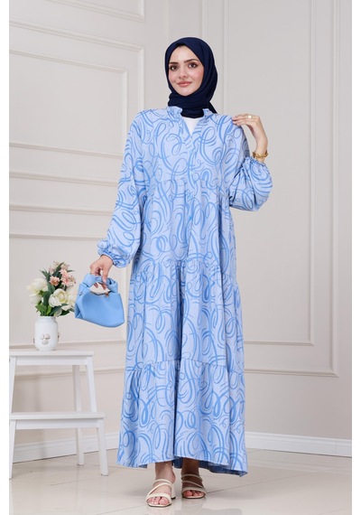Sevitli Dalga Desen Robalı Elbise-mavi-5284