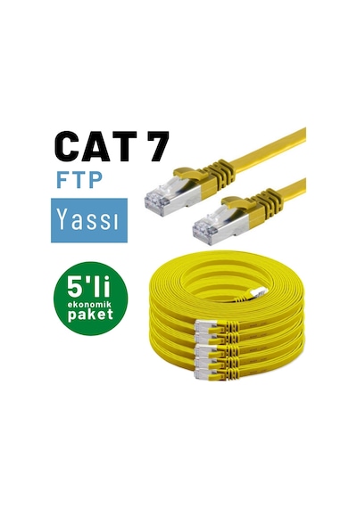 5 adet IRENIS CAT7 Kablo Yassı FTP Ethernet  Kablosu, 3 mt Sarı
