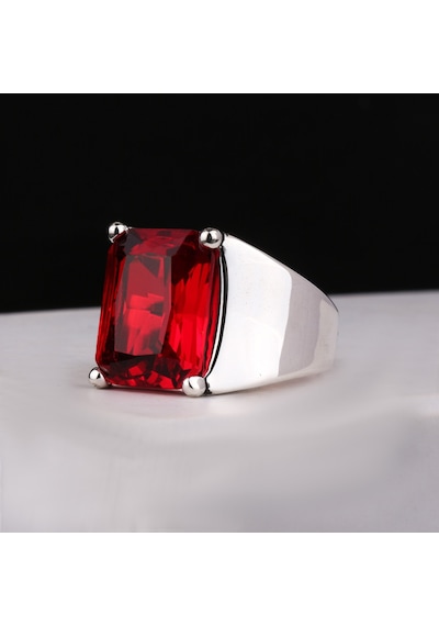 Fkgümüş 925 Ayar Gümüş Kırmızı Taşlı Sade Erkek Yüzük Silver
