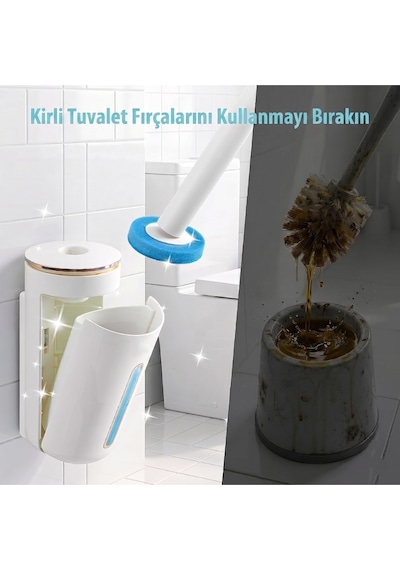 Kullan At Süngerli Tuvalet Fırçası Seti - Duvara Monte, Kendinden Deterjanlı 8 Yedek Başlıklı Hijyen Beyaz