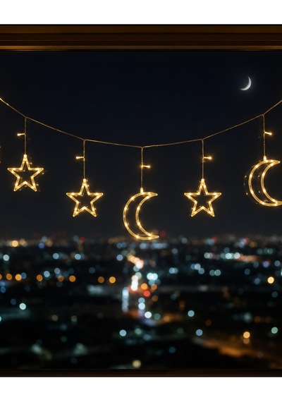 Büyük Ay Yıldız Led Ramazan Süsü Sıcak Beyaz Dekoratif Işık Çok Rnekli