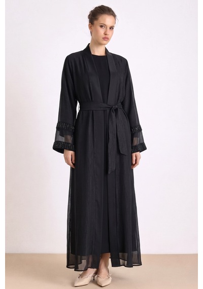 Olcay Kolları Taş Detaylı Organze Abaya Takım Siyah 9449-tk
