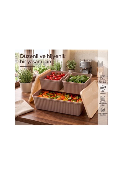 3'lü İstiflenebilir Premium Saklama Kabı Ve Çok Amaçlı Mutfak Düzenleyici Seti Krem Krem