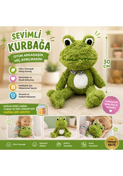 Oyuncak Peluş 30 Cm Sevimli Kurbağa Ultra Yumuşak Sarılmalık Peluş Kurbağa Yeşil