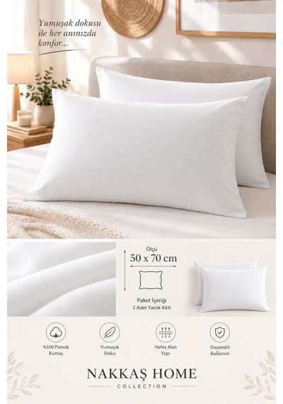 Nakkaş Home Collection 2'li Pamuklu Fermuarlı Yastık Kılıfı Seti - 50x70 Cm Düz Renk Yastık Kılıfı Beyaz