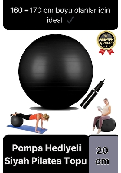 Premium Mini Gymball 20cm Jimnastik Denge Fitness Spor Şişirme Pompası Siyah Pilates Topu