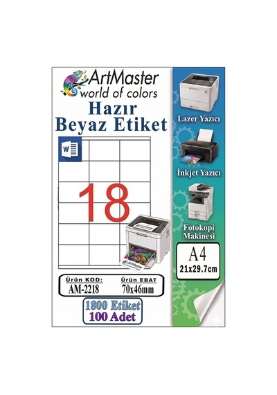 A4 Hazır Beyaz Etiket 70x46 Mm 100 Sayfa 1 Paket 18 Li Kendinden Yapışkanlı Fotokopi Lazer İnkjet Kağıdı Yazıcılar İçin