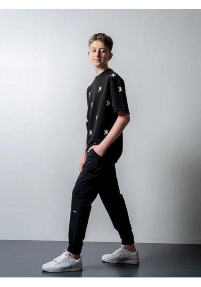 Zekids Erkek Çocuk Harf Baskılı Oversize Tshirt-15546 SIYAH