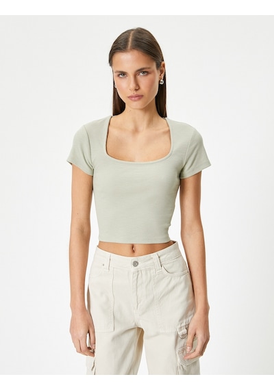 Koton Sırt Dekolteli Tişört Crop Kısa Kollu Fitilli Slim Fit Haki 4sal10804ık Haki
