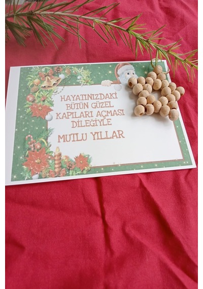 25 Adet Naturel Yıldız Anahtarlık - Ahşap Yıldız - Noel Baba Kart