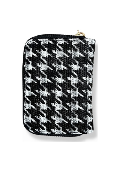 Me-vo Fermuarlı Houndstooth Desenli Cüzdan, Siyah Beyaz, İç Bölmeli, Kartlık Siyah - Beyaz