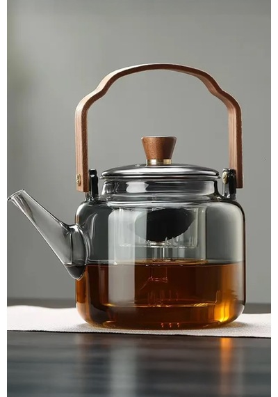Ahşap Saplı Füme Cam Demlik Borosilikat Isıya Dayanıklı Cam Çaydanlık 1200 Ml Füme