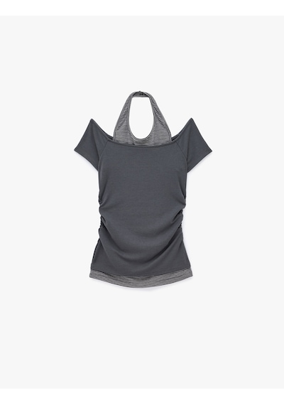 Koton Viskon Slim Fit Omzu Açık Kısa Kollu Halter Yaka Tişört Antrasit 7wal10338ık