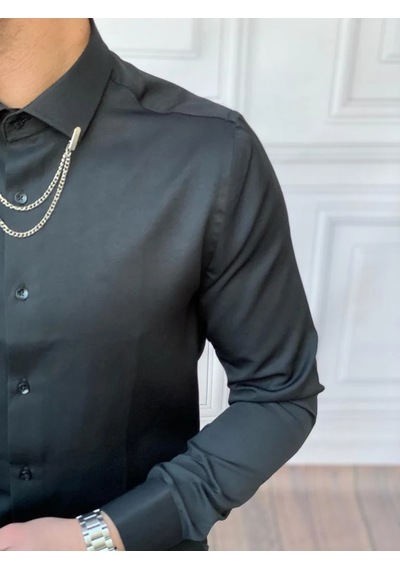 Modefendi Slim Fit Pamuk Örme Bebe Yaka Gömlek Siyah
