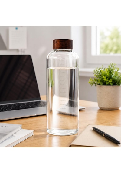 1000 Ml Akasya Kapaklı Cam Matara Ölçekli Su Şişesi Sızdırmaz Kapaklı Şeffaf Cam Suluk Diğer