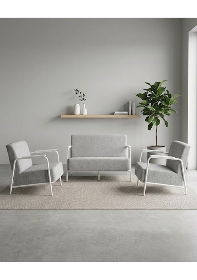 Atlas 2+1+1 Dokuma Kumaş Ofis Cafe Bekleme Koltuk Takımı Beyaz Metal Açık Gri