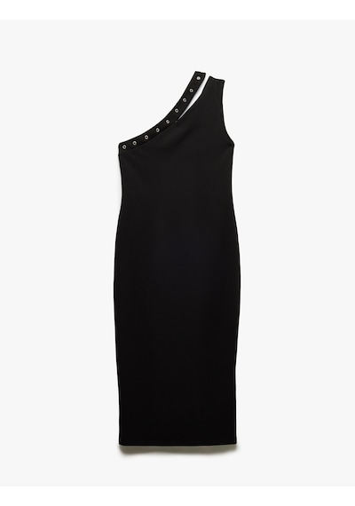 Koton Krep Scuba Kumaş Aksesuarlı Slim Midi Boy Tek Omuz Elbise Siyah 5sak80358ek Siyah