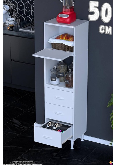 Nola 50 Cm Üstü Kapaklı 3 Çekmeceli Çok Amaçlı Mutfak Kiler Banyo Erzak Depolama Dolabı 50x150x32 Cm Beyaz