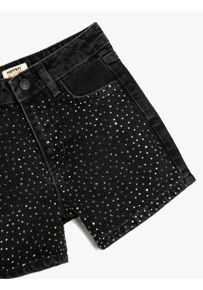 Koton Taş Detaylı Pamuklu Cepli Denim Şort Siyah 5skg40050ad Siyah