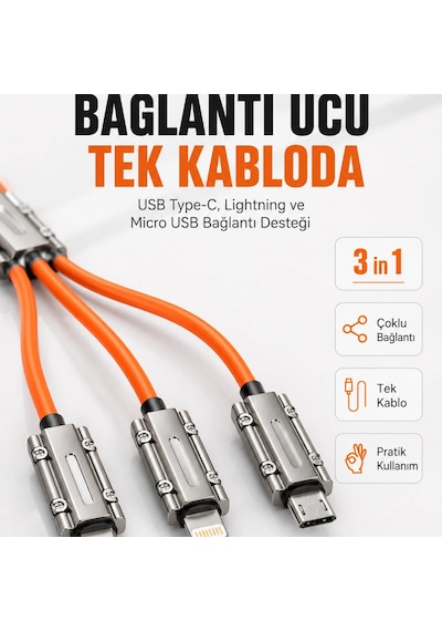 Çinko Alaşımlı Metal Konnektörlü Dayanıklı 6a Hızlı Şarj Kablosu