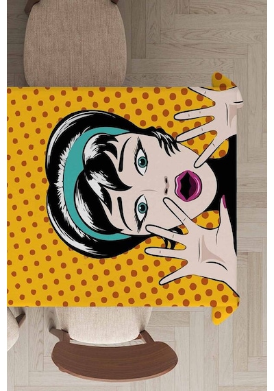 Sarı Pop Art Temalı Dokuma Leke Tutmaz Masa Örtüsü Mso069n11