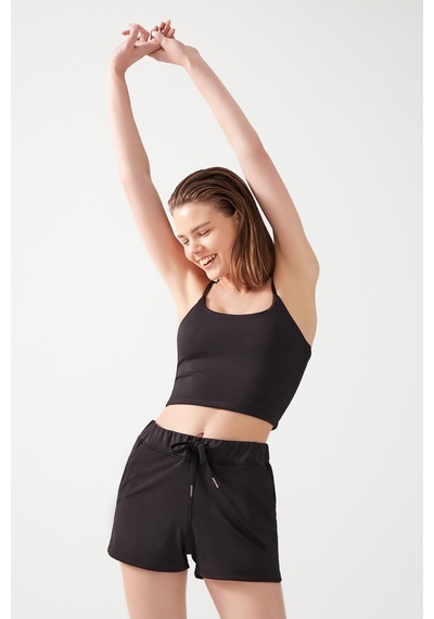Los Ojos Kadın Siyah Cepli Beli Lastikli Basic Fit Spor Şort Shorts Siyah