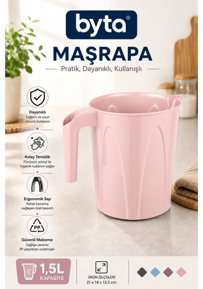 1,5 Litre Plastik Maşrapa Ergonomik Saplı Dayanıklı Çok Amaçlı Su Maşrapası, Banyo, Mutfak Ve Ev Kullanımı İçin Pembe