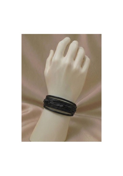 Lunarie Siyah Çoklu Şerit Deri Bileklik Tüy Detaylı Erkek Kadın