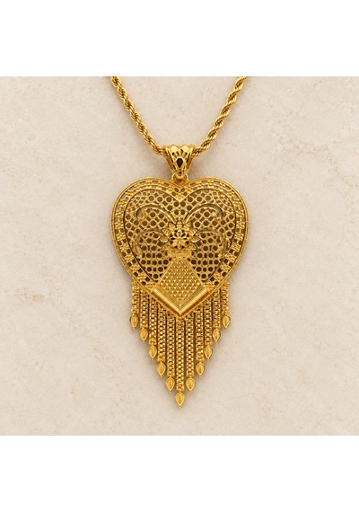 Gold Renk Kalp İçinde Çiçek Motifli Püsküllü Uzun Kadın Kolye 60+5 Cm Renkli