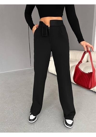 Ribana Classic Beli Cırtcırtlı Likralı Krep Pantolon Siyah