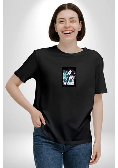 Shinobu Kocho Demon Slayer Siyah Oversize Unisex Ön Orta Minimal Baskılı Tişört Siyah