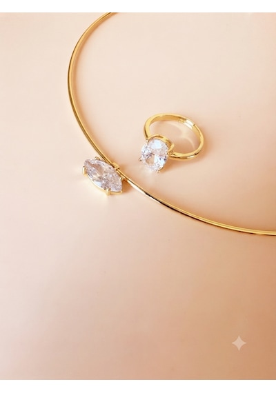Rhea Jewelry Çelik Zirkon Taşlı Kolye Ve Ayarlanabilir Yüzük Seti Gold Kadın Takı Seti Altın