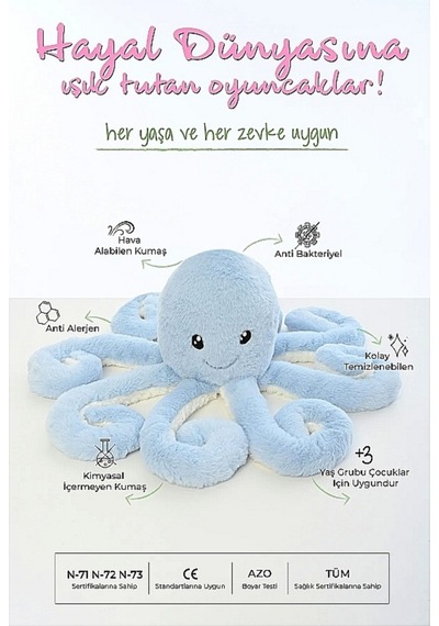 Peluş Ahtapot Uyku Ve Oyun Arkadaşı Mavi Mavi
