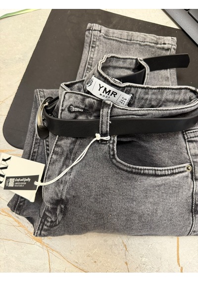 Ymr Moda Gri Kemerli Mom Kadın Kot Pantolon 23438-24 34 -32 42