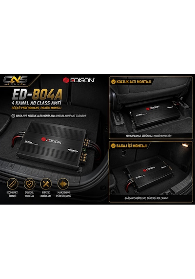 Edison Ed-804a 4 Kanal Ab Class Oto Amfi 4x80w Rms / 4x120w Rms / 2x200w Köprü Bass Kontrol Dahil