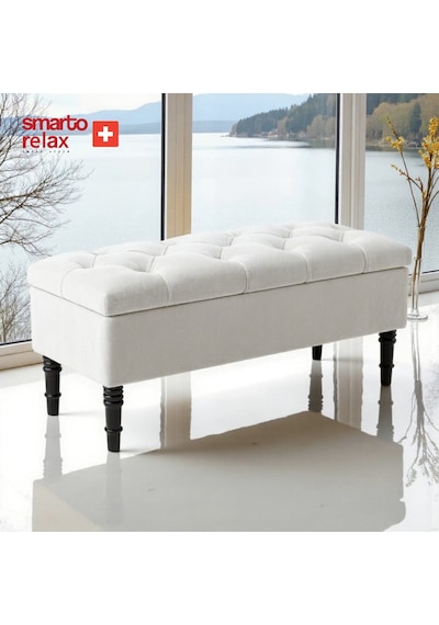 Smarto Relax Puf Saanen Sandıklı Ayaklı Kapitoneli Dekoratif 110x40x45 Cm Ekru Ekru