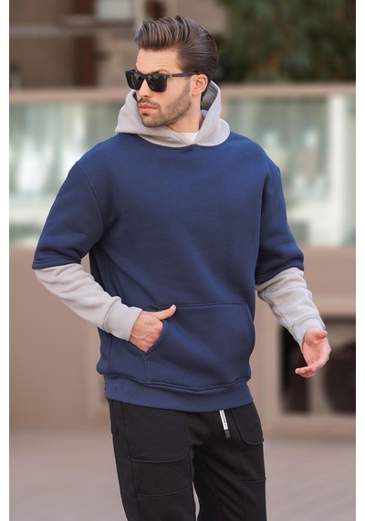 Madmext Lacivert Kapüşonlu Cep Detaylı Erkek Sweatshirt 7071 Lacivert