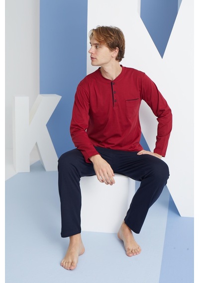 Kly 9250 Erkek Dört Mevsim Midi Yaka Uzun Kollu Pijama Takım Bordo