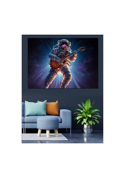 Uzayda Gitar Çalan Modern Astronot Yağlı Boya Dokulu Kanvas Tablo Canvas Tablosu