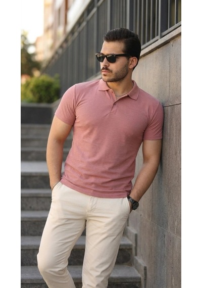 Defymoda Erkek Kısa Kollu Yakalı Tişört Gülkurusu